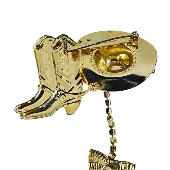 Gold Tone And Rhinestone Western Cowboy Hat, Boots And Gun Holster Brooch (6092) - Picture 5 of 6